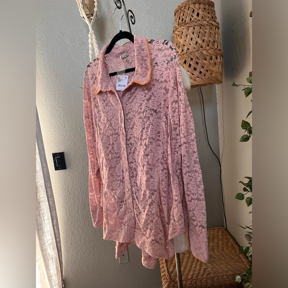 ▪️Free People Intimately Free All Day Floral Lace House Shirt Pink  M - Picture 13 of 16